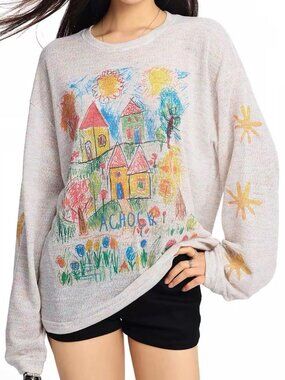 NWT Cute Artsy Graphic Lightweight Knit Long Sleeve Top